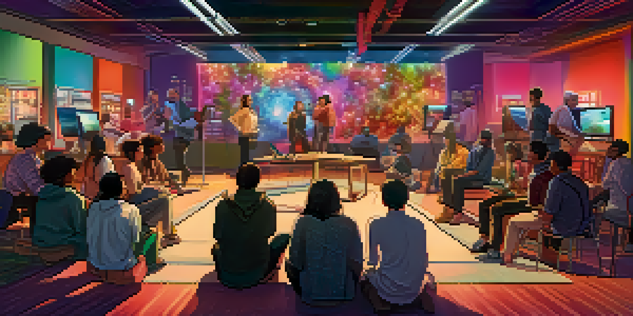 A diverse group of filmmakers working together on a digital film set, surrounded by colorful lights and high-tech equipment.