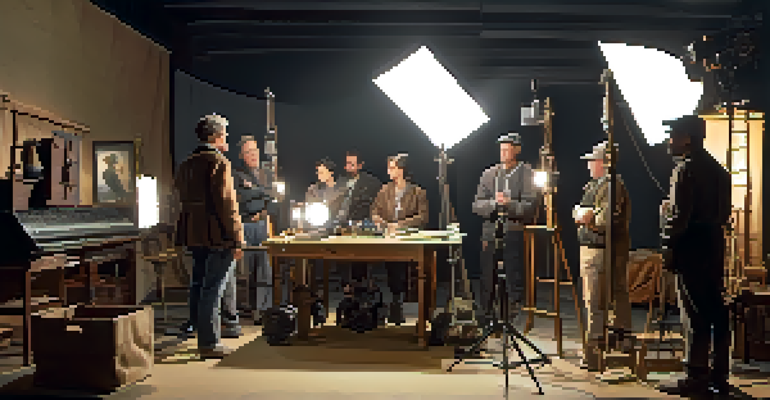 A film crew on set with a director and actors, illuminated by studio lights.