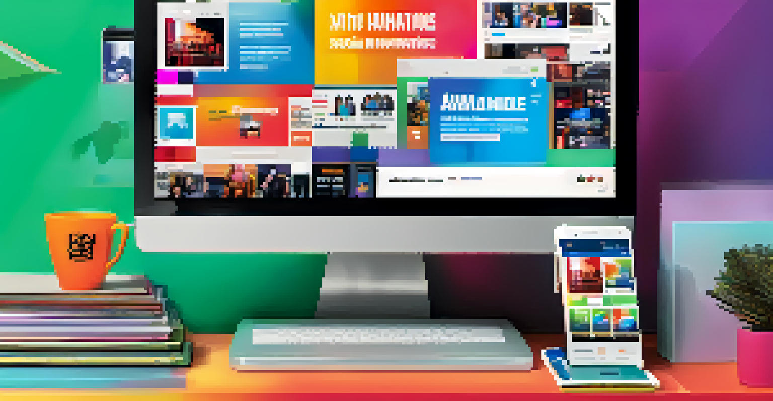 A colorful social media campaign setup for a film, with a laptop showing award nominations, posters, and a phone broadcasting audience interactions.