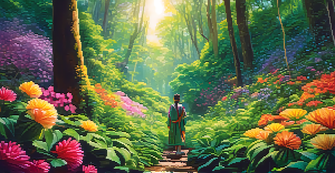 A character in a colorful, lush green forest with sunlight filtering through the trees, symbolizing growth and harmony.