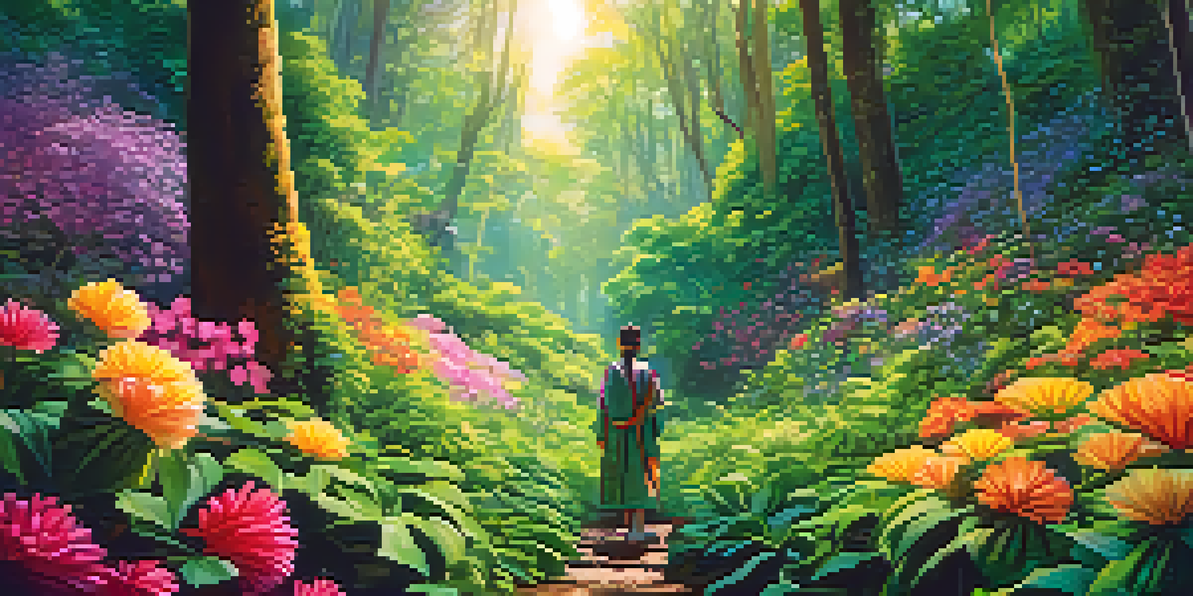 A character in a colorful, lush green forest with sunlight filtering through the trees, symbolizing growth and harmony.