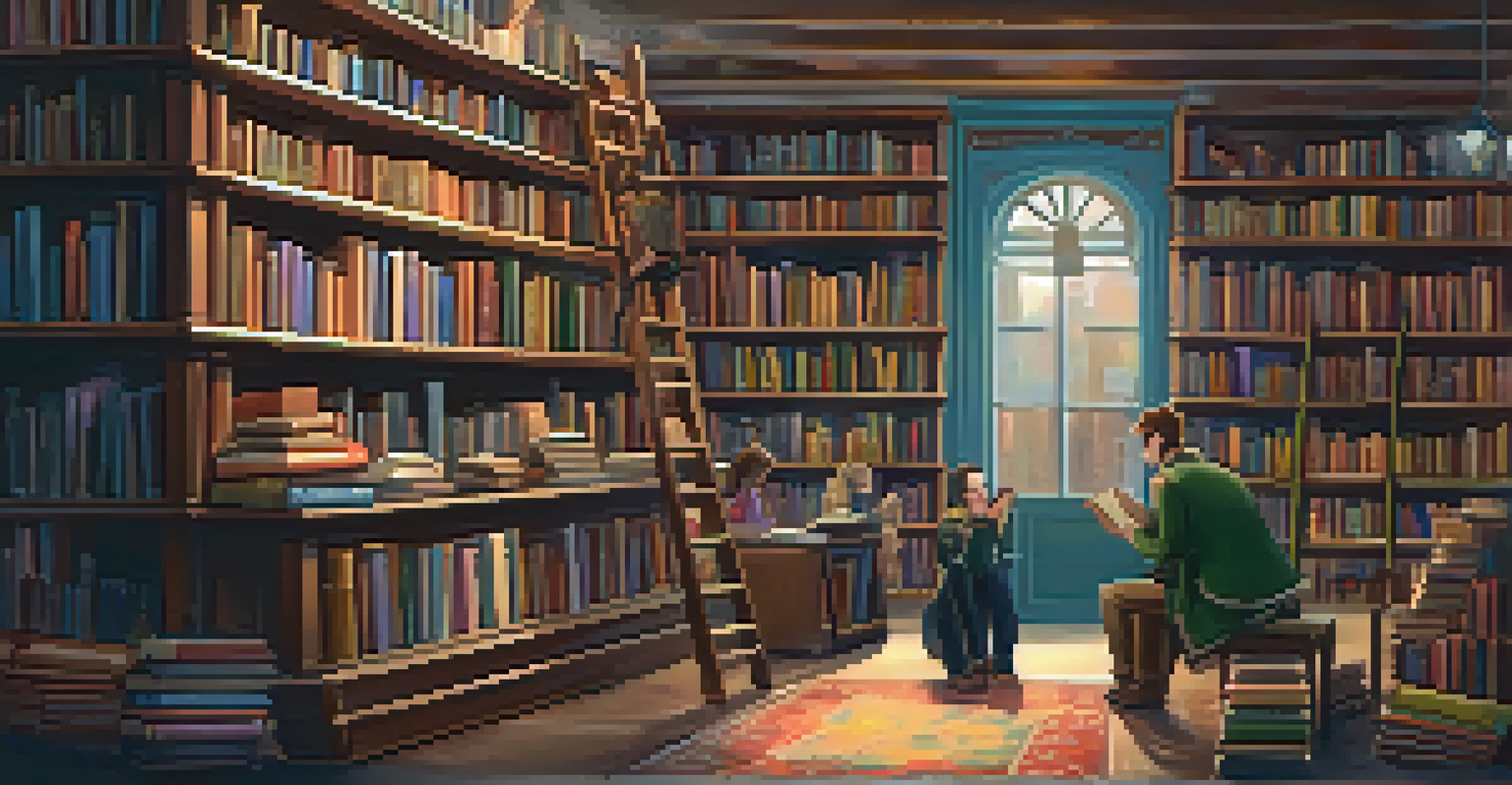 Two characters playfully debating over a book in a cozy, whimsical bookshop filled with shelves of novels.