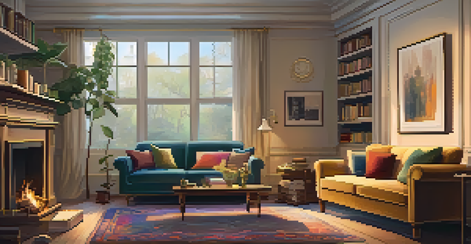 A vintage living room with a plush sofa, colorful cushions, a flickering fireplace, and a large bookshelf, illuminated by soft golden lighting.