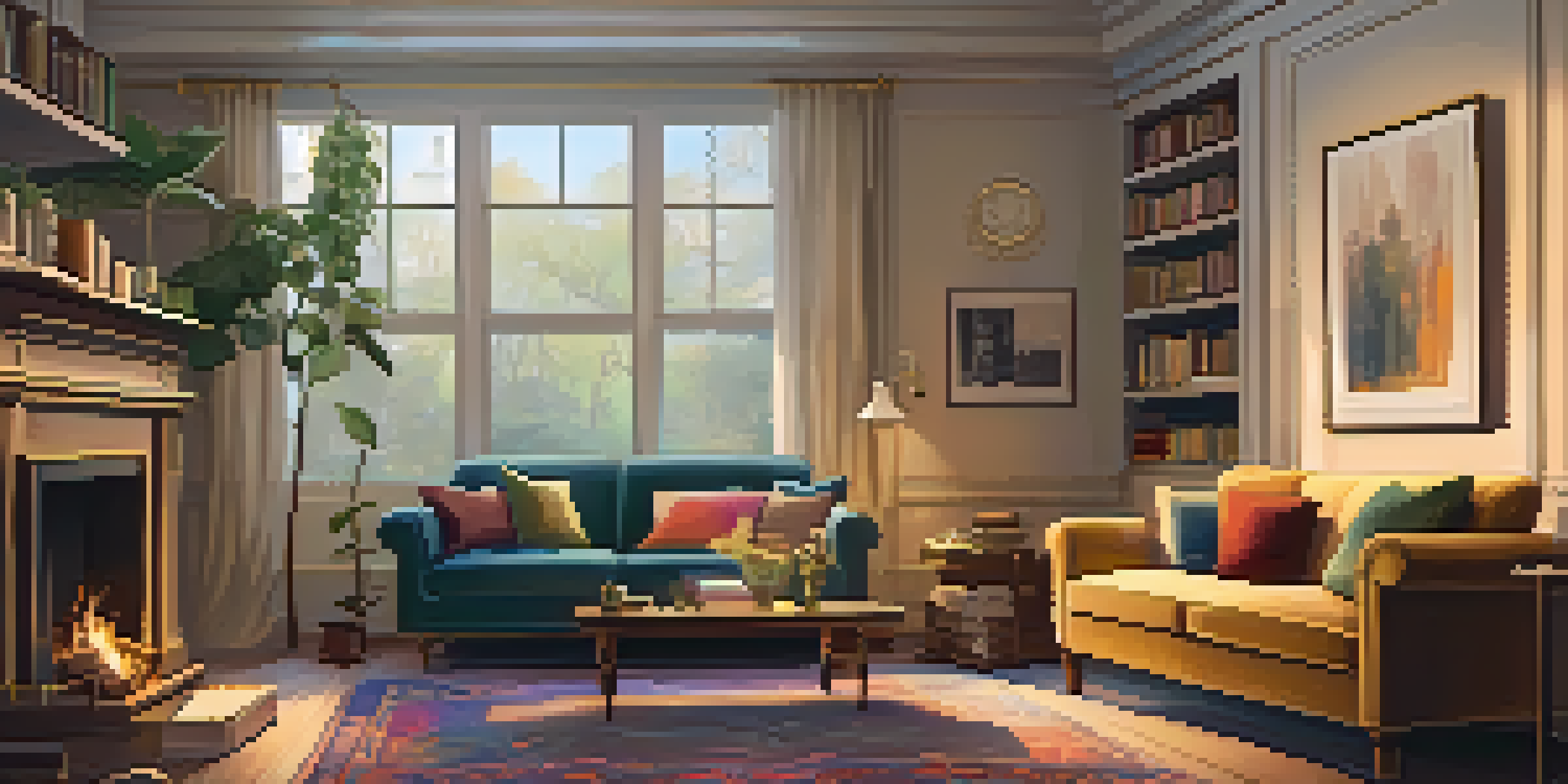 A vintage living room with a plush sofa, colorful cushions, a flickering fireplace, and a large bookshelf, illuminated by soft golden lighting.