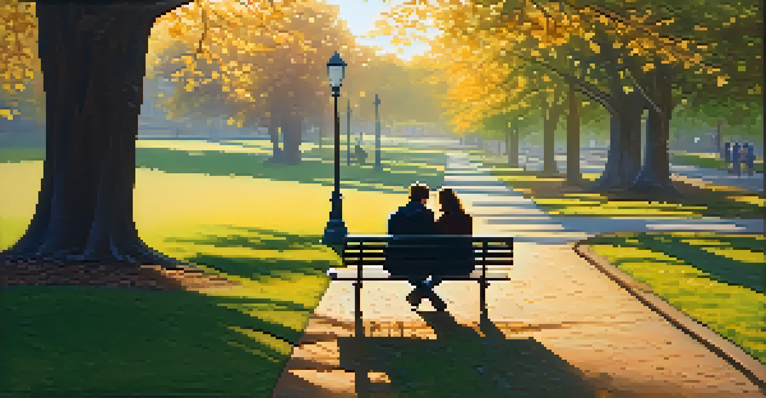 A peaceful park at sunset with sunlight filtering through trees, highlighting a couple on a bench.