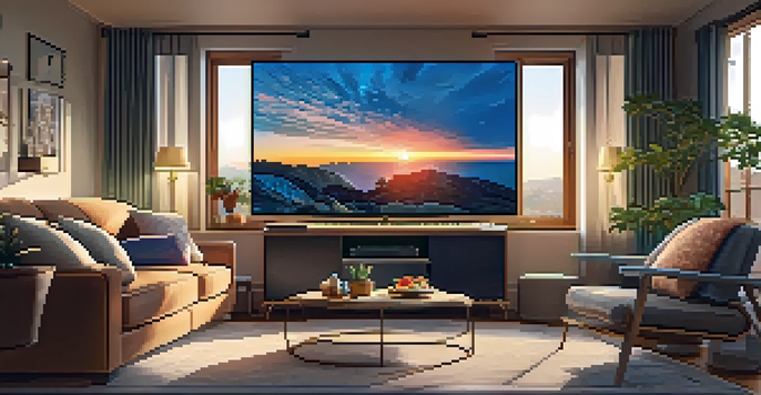 A warm and inviting living room with a large TV displaying a streaming service. The room has cozy furniture and a sunset view outside the window.