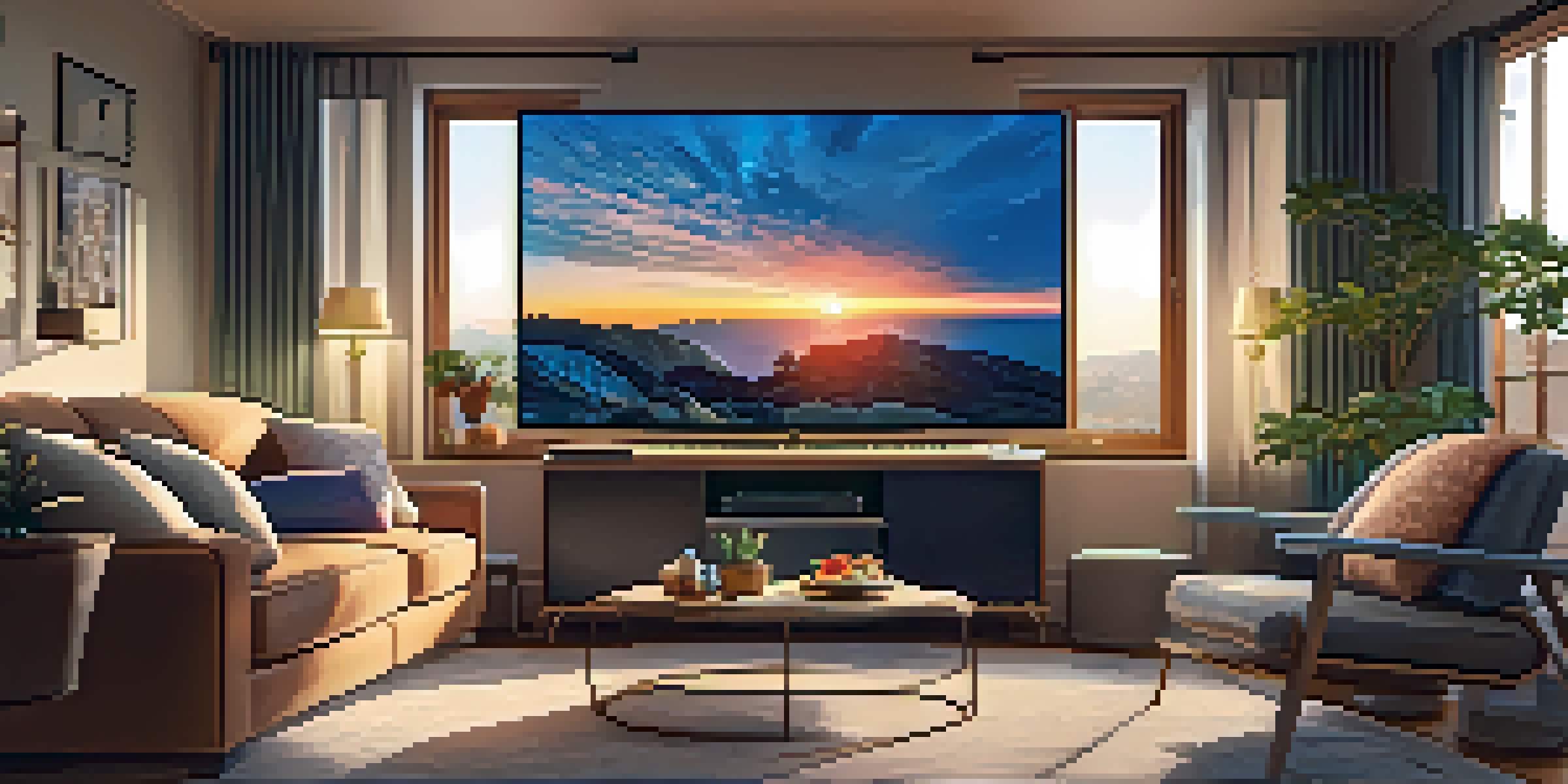 A warm and inviting living room with a large TV displaying a streaming service. The room has cozy furniture and a sunset view outside the window.