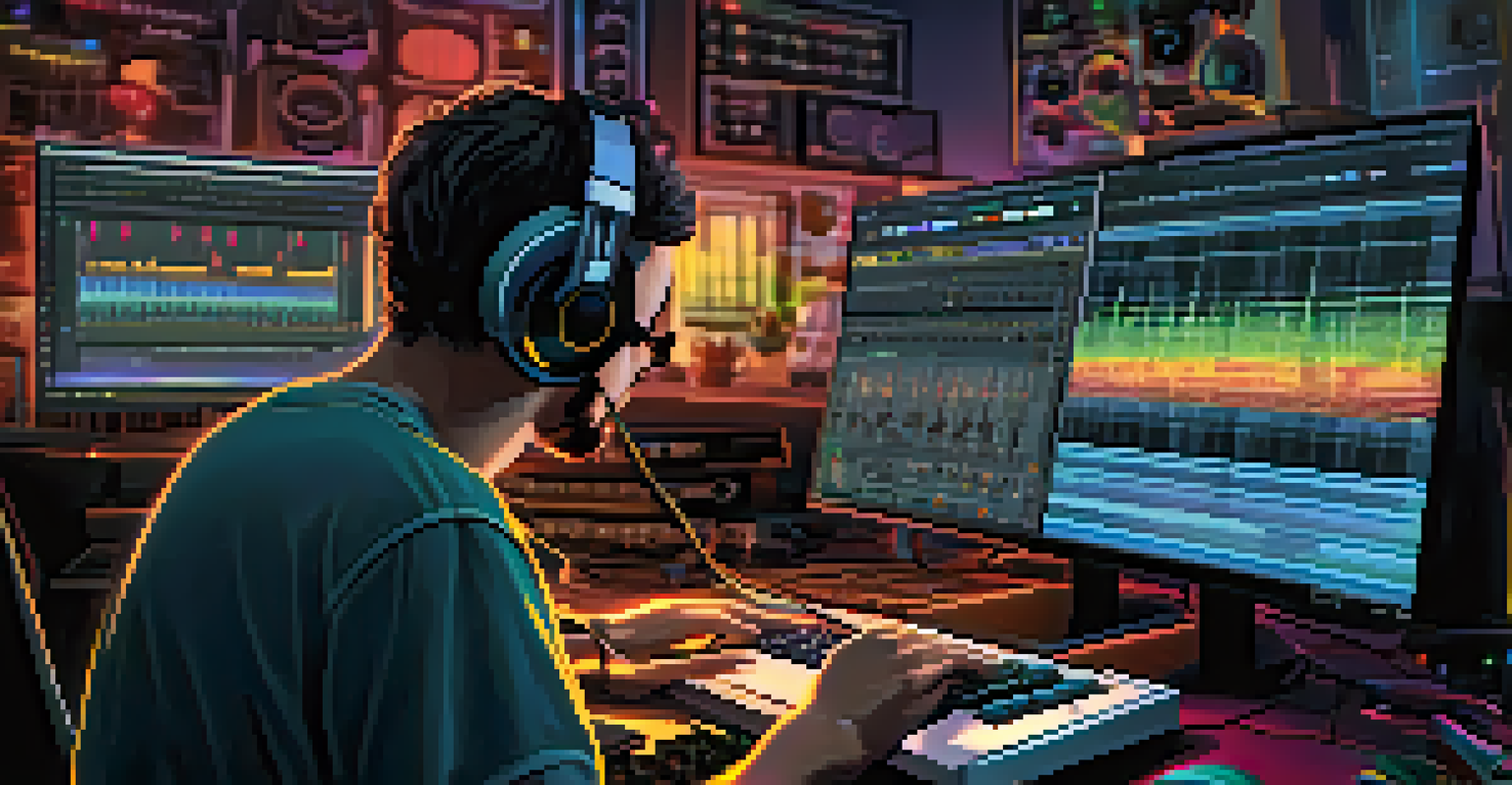 A sound designer working with audio waveforms on a computer in a dimly lit room.