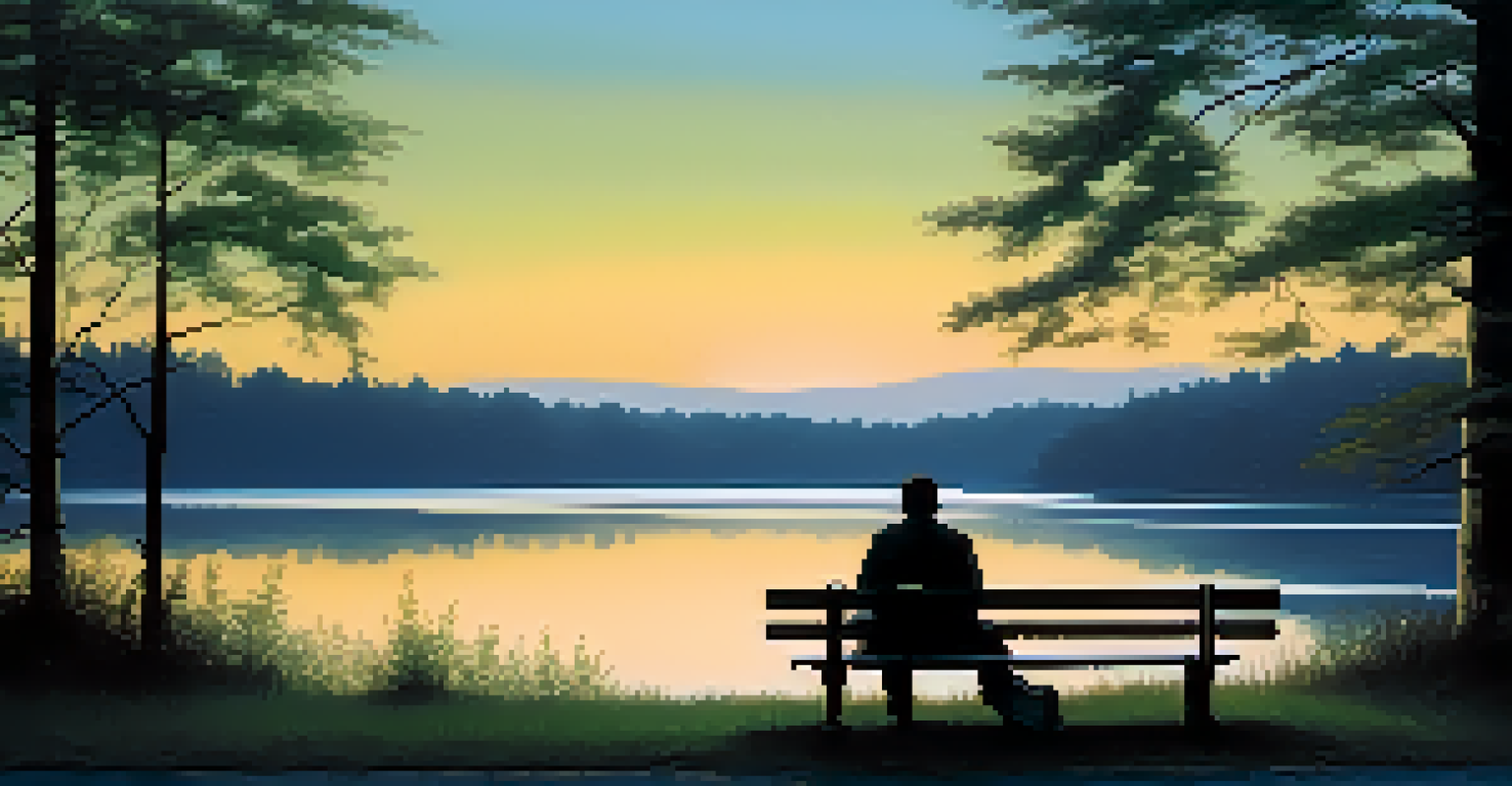 A peaceful lakeside view at twilight with a figure sitting on a bench, surrounded by cool colors.