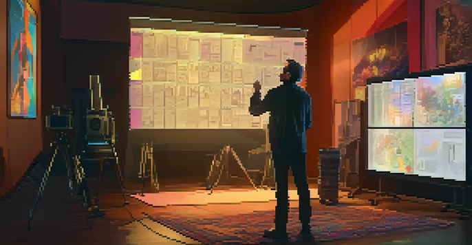 A film director analyzing a storyboard in a dimly lit room filled with film equipment.