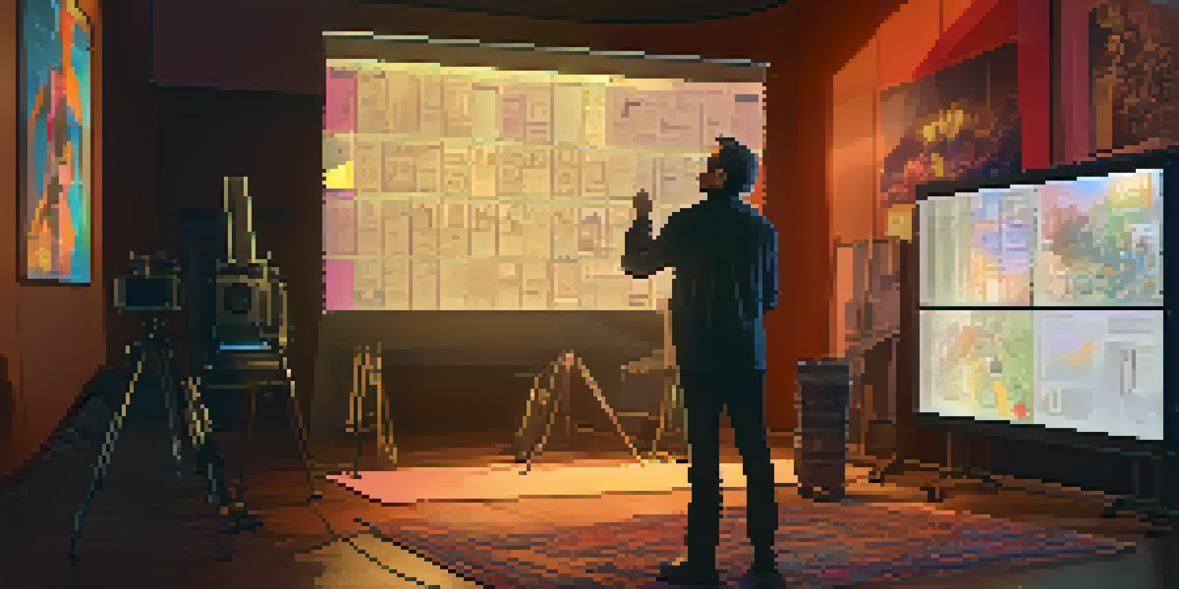 A film director analyzing a storyboard in a dimly lit room filled with film equipment.