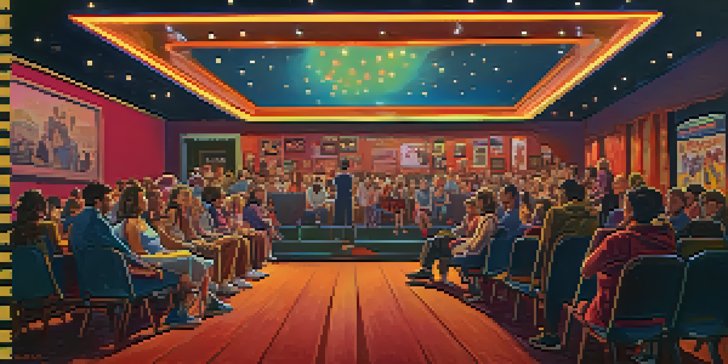 A group of enthusiastic fans watching a cult film in a vintage cinema with colorful neon lights and retro movie posters.