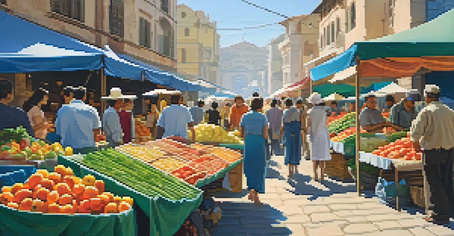 A vibrant outdoor market with colorful stalls and shoppers interacting under a clear blue sky.