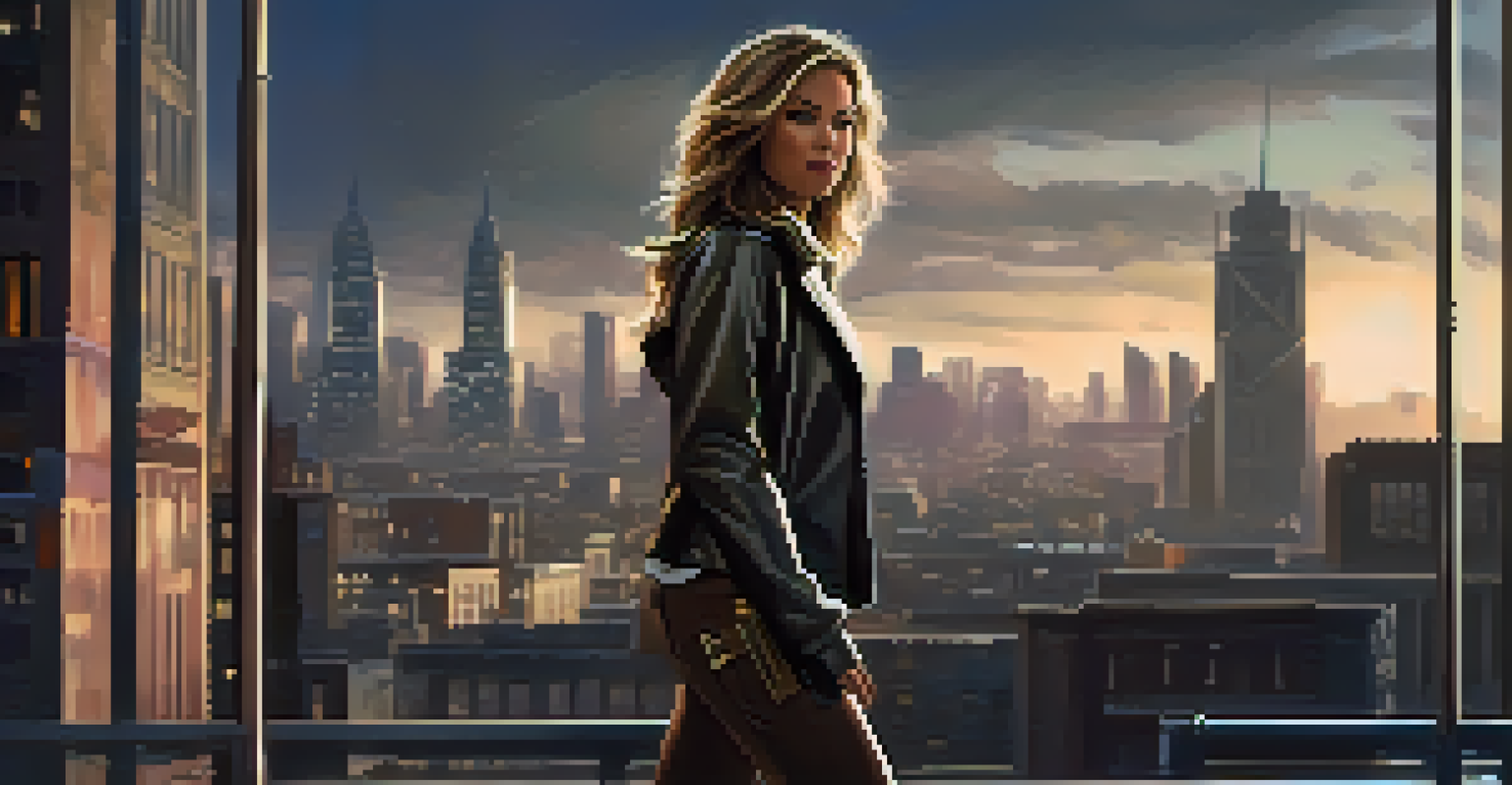 A strong female lead character in a dynamic action scene, portraying confidence and resilience against an urban backdrop.