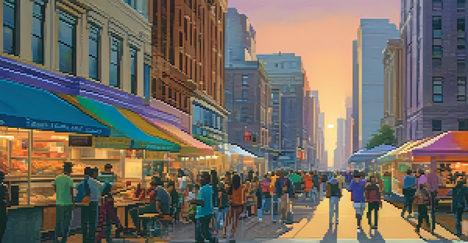 A vibrant city street at sunset with people, food trucks, and modern buildings reflecting warm colors.