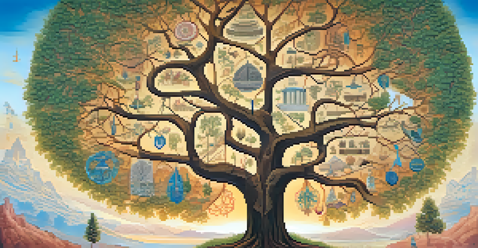 An artistic tree diagram illustrating branching narrative paths, with diverse symbols and a warm color backdrop.