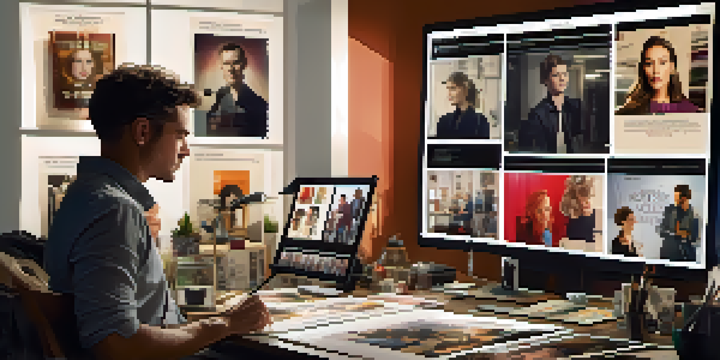 A film director reviewing actor profiles in a casting studio, with mood boards and natural light.