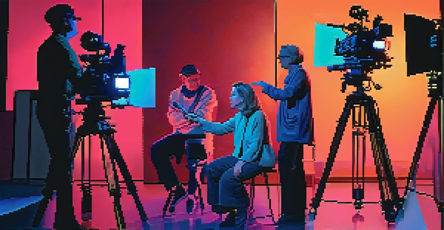 A film set with a director and actors in action, surrounded by colorful lighting and crew members adjusting equipment.