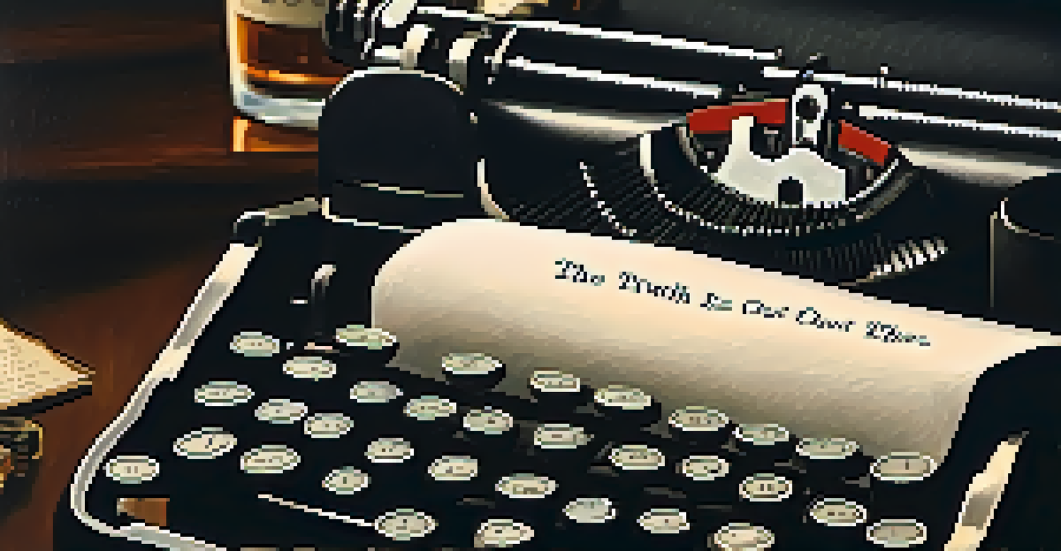 A close-up of a vintage typewriter with a typed sheet, set against a smoky bar background.