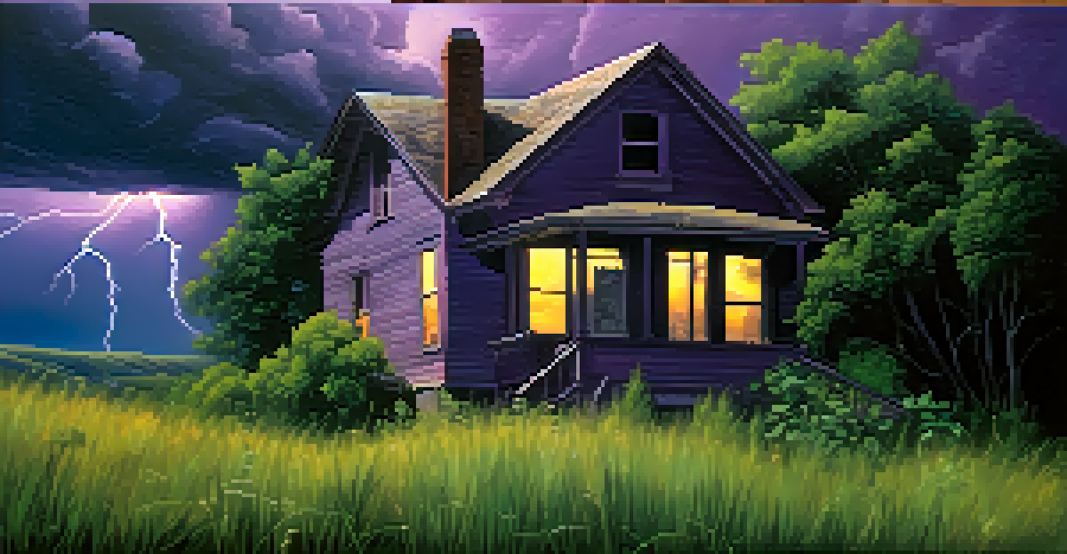 An abandoned house on a hill with broken windows and overgrown weeds, set against a stormy sky with lightning.