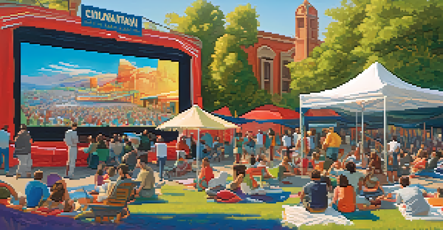A lively outdoor film festival with a large screen, crowds enjoying the movie, and food trucks, all under a clear sky.