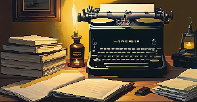 A vintage typewriter on a wooden desk with stacks of old papers and a flickering candle, creating a nostalgic atmosphere.