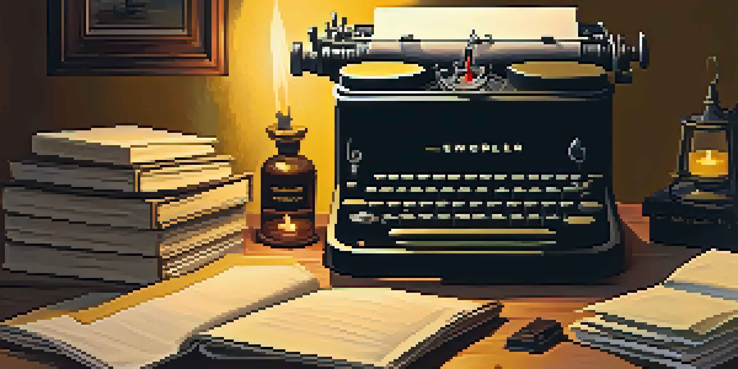 A vintage typewriter on a wooden desk with stacks of old papers and a flickering candle, creating a nostalgic atmosphere.
