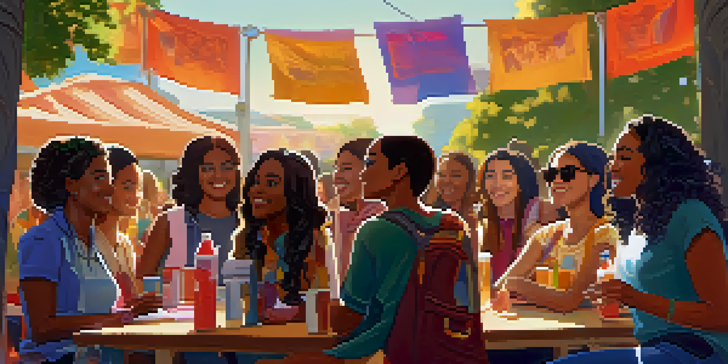 A lively film festival scene with diverse female filmmakers discussing and sharing ideas under bright sunlight.