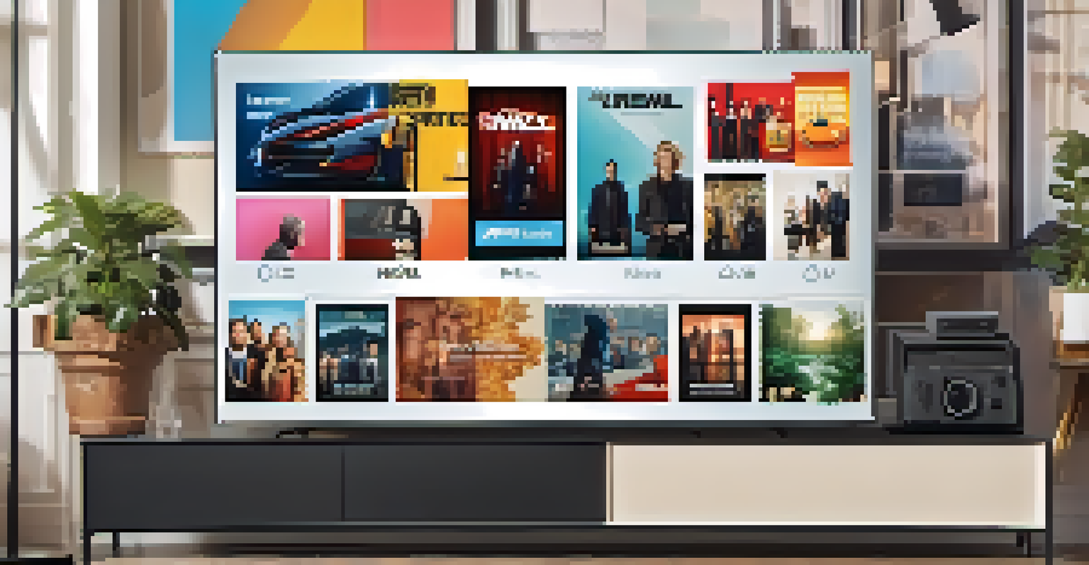 A modern TV displaying a streaming platform interface with various movie thumbnails and a remote control in a stylish living room.