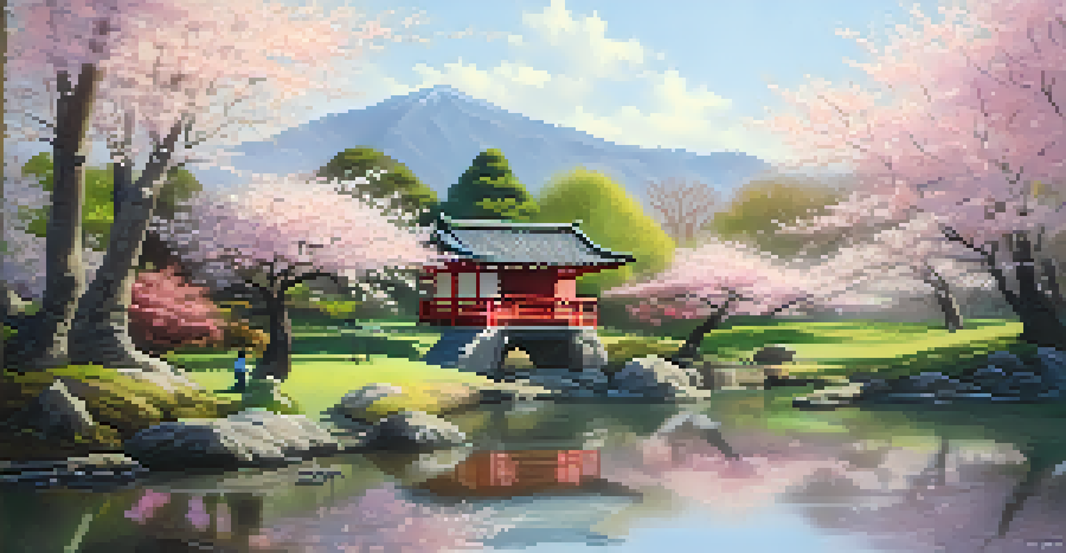 A peaceful Japanese garden with a tea house and cherry blossom trees in bloom.
