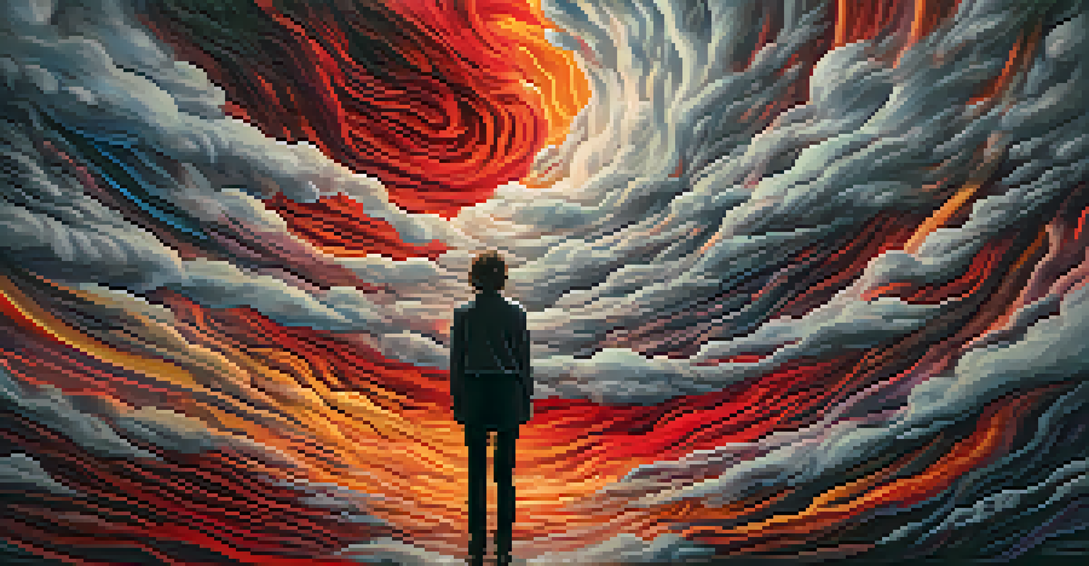 An abstract representation of anxiety with swirling dark clouds and vibrant colors, showing a person standing in the foreground surrounded by chaotic lines.