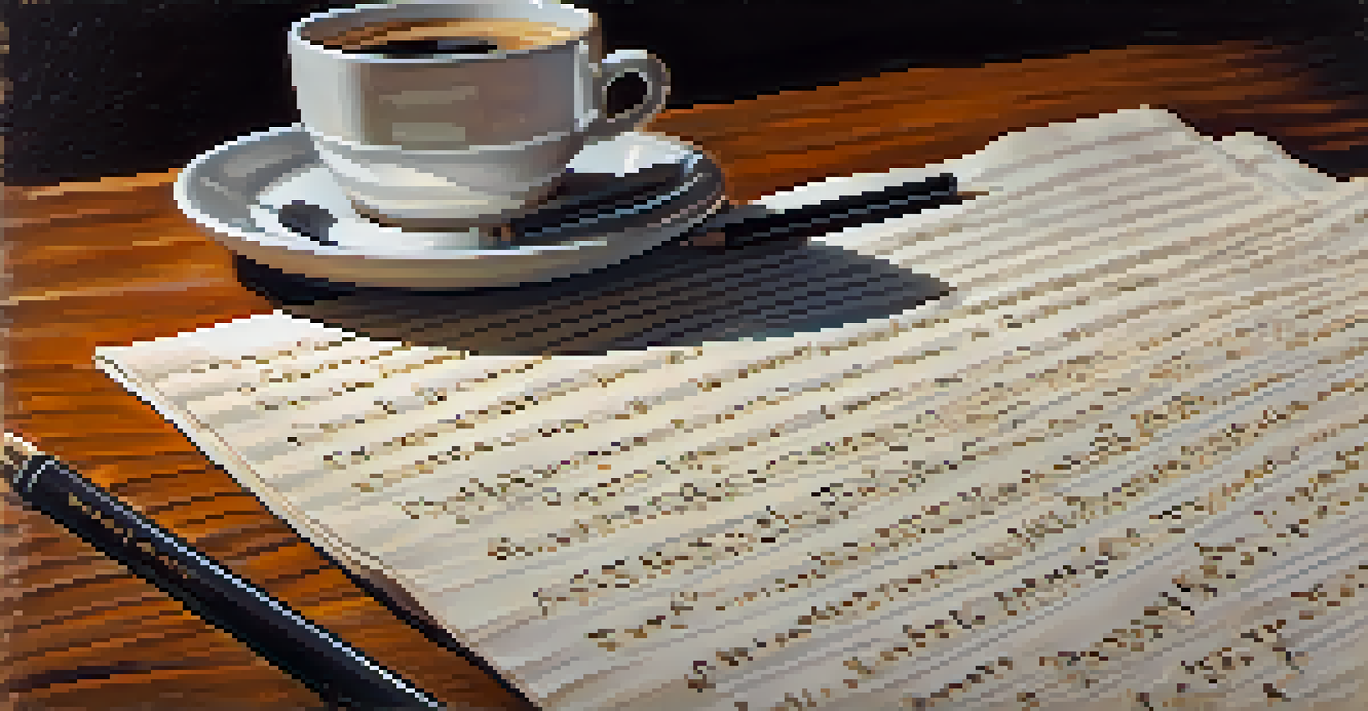 A close-up of a film script on a wooden table, with handwritten notes, a pencil, and a coffee cup in soft morning light.