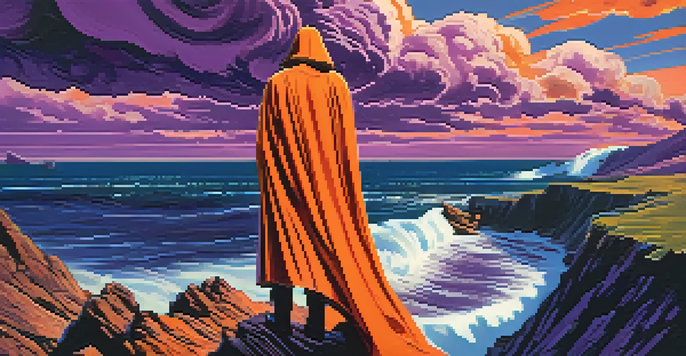 A vintage-style film poster showing a heroic figure on a cliff by the sea with a colorful sky, featuring hand-drawn details and retro typography.