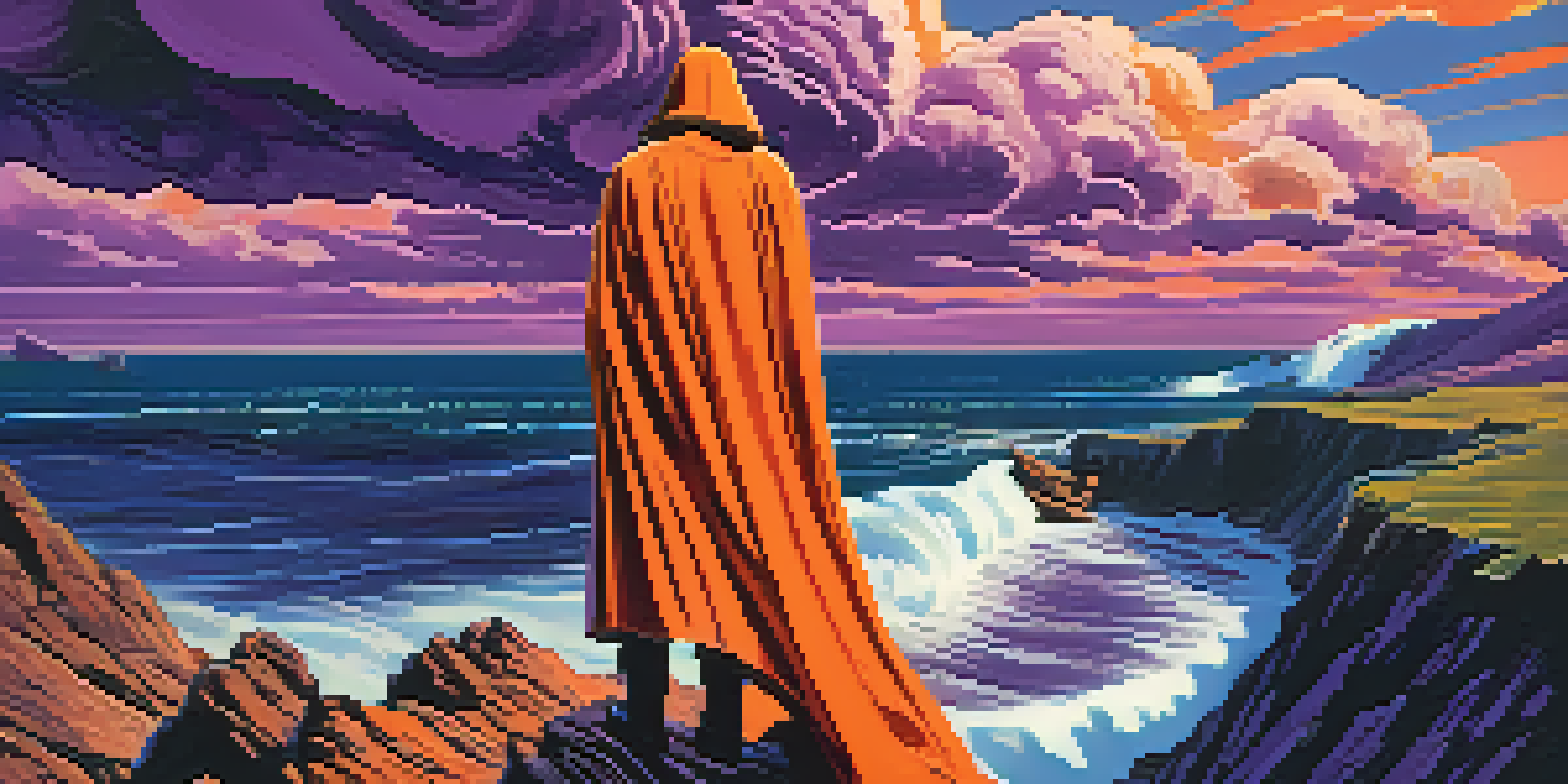 A vintage-style film poster showing a heroic figure on a cliff by the sea with a colorful sky, featuring hand-drawn details and retro typography.