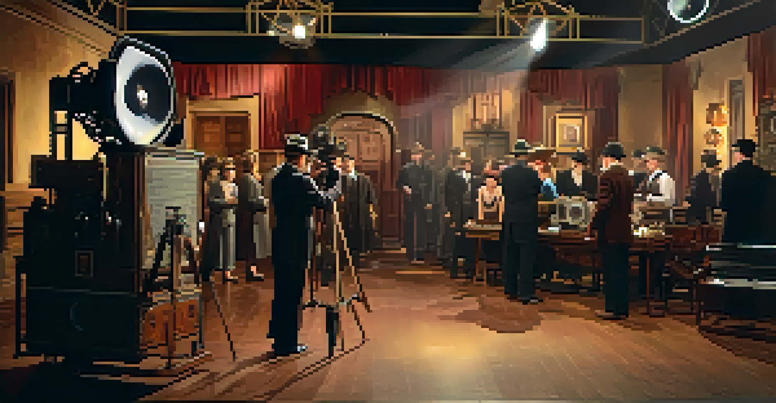 A vintage film studio scene from the 1920s with actors in period costumes, an old camera setup, and dramatic lighting creating depth.