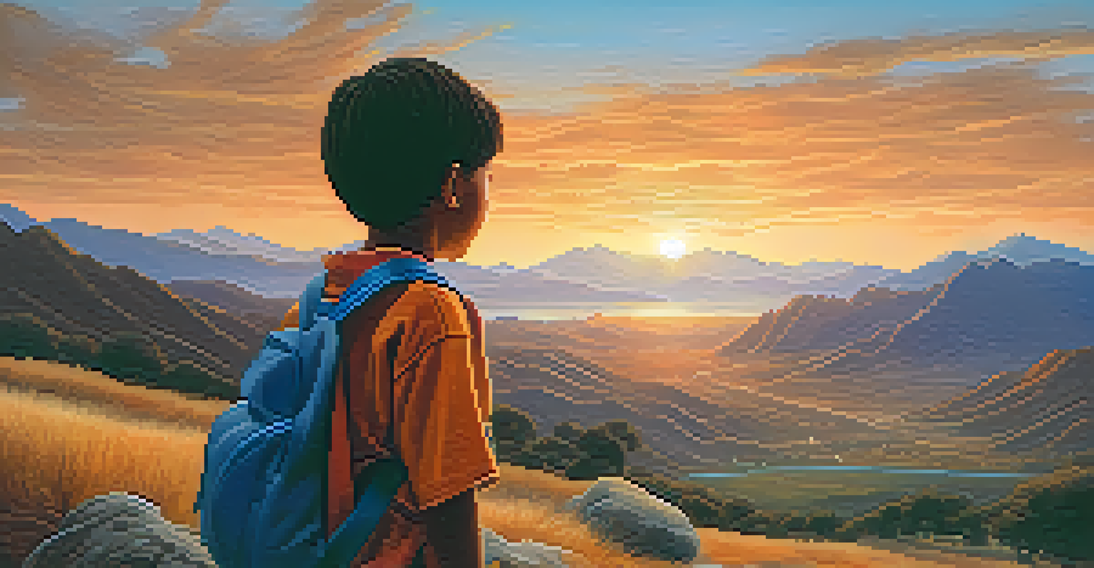 An animated young refugee character looking toward a hopeful horizon at sunset, symbolizing resilience and determination.