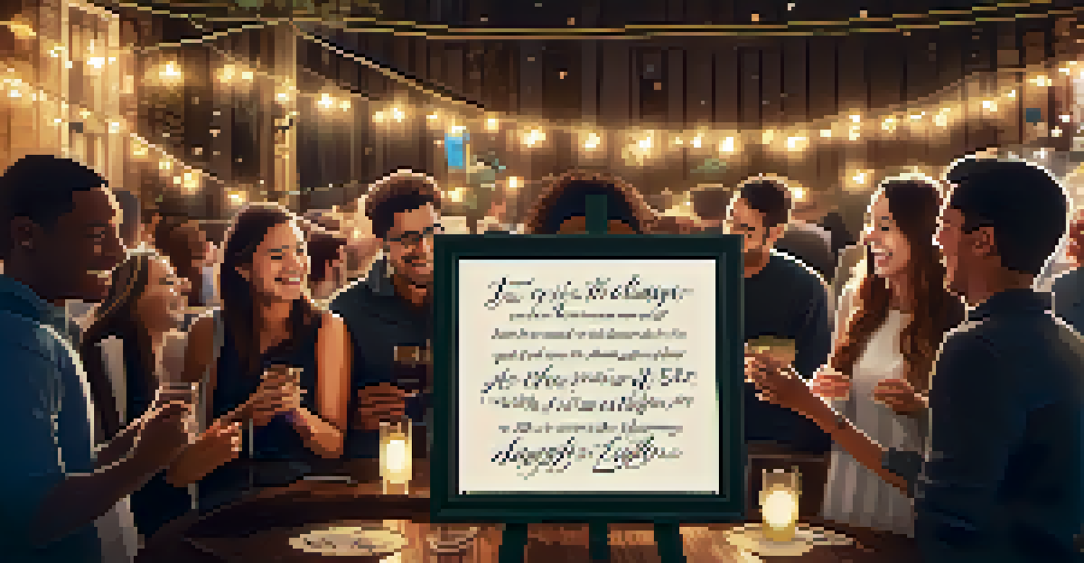 A chalkboard displaying a funny quote, surrounded by people enjoying a lively gathering, illuminated by warm string lights, capturing the essence of humor in social interactions.