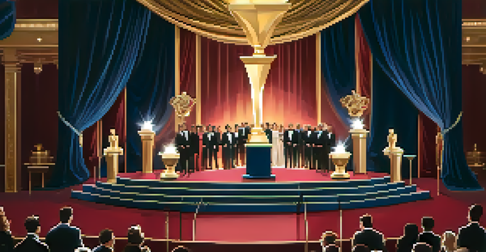 A grand awards ceremony with a spotlight on a crystal trophy, surrounded by an audience in formal attire and elegant drapery in the background.