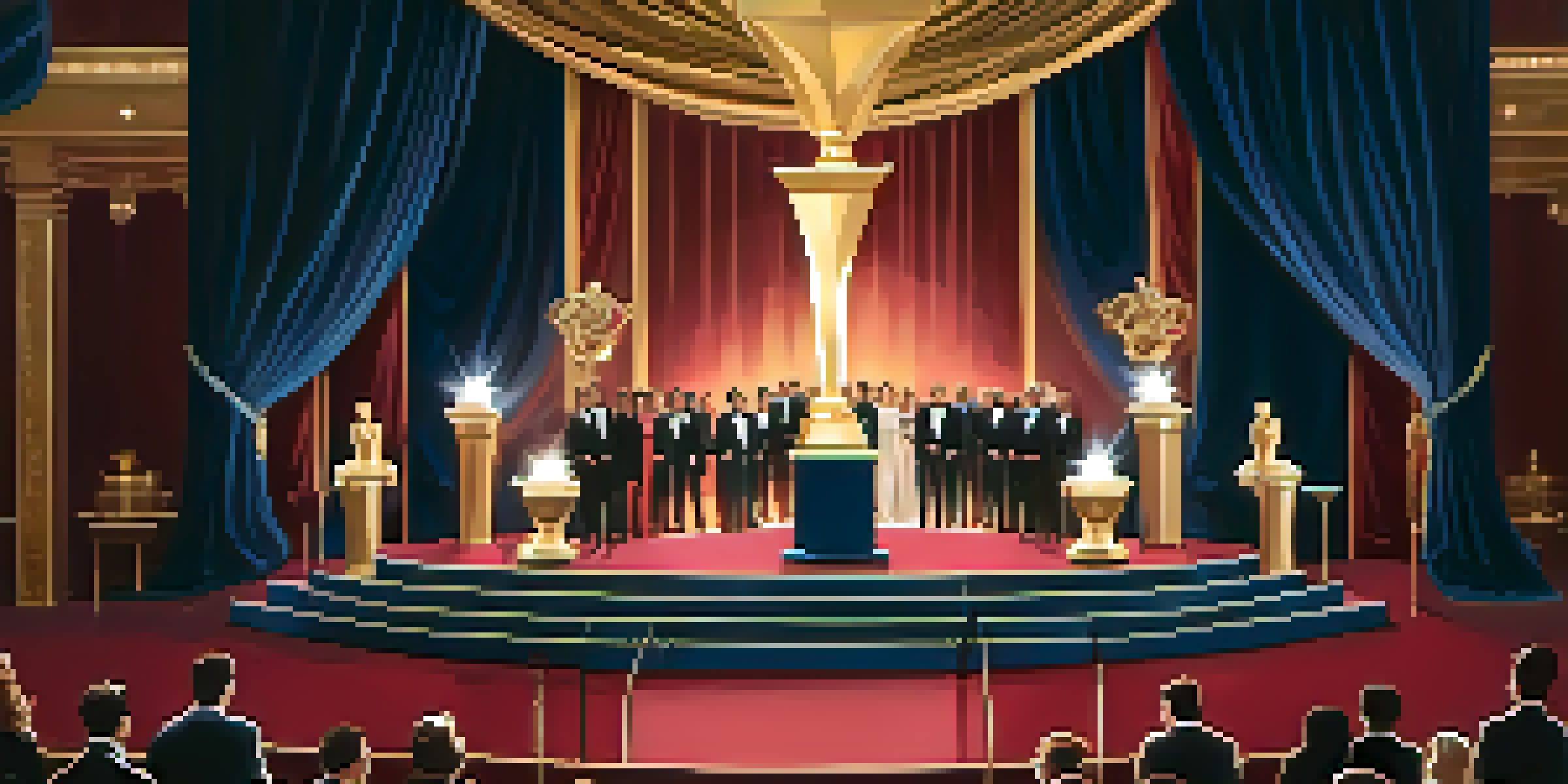 A grand awards ceremony with a spotlight on a crystal trophy, surrounded by an audience in formal attire and elegant drapery in the background.