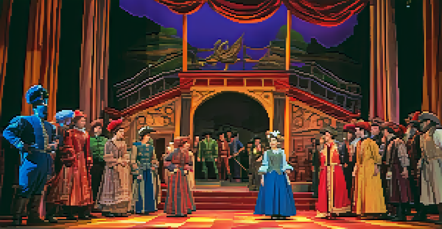 A dramatic stage scene with actors in vibrant costumes performing, set design in the background, illuminated by dynamic lighting.