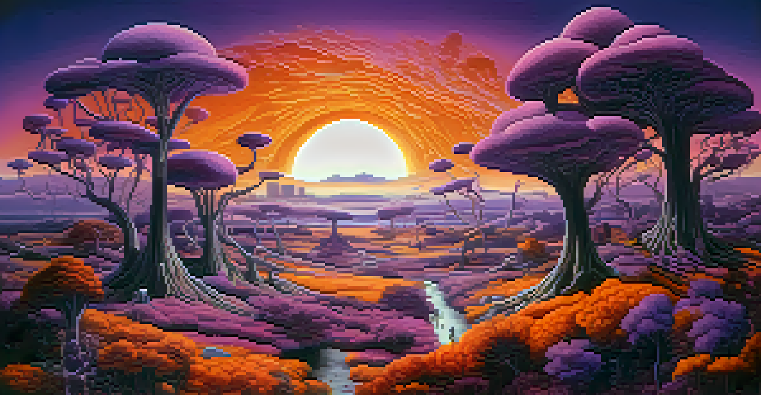 A surreal landscape with distorted structures, whimsical characters, and a vibrant sky in purple and orange hues.