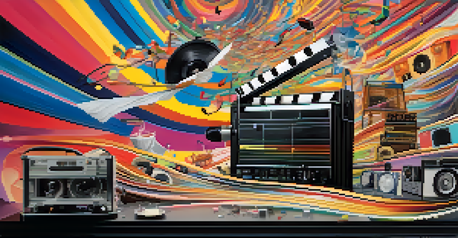A colorful collage depicting the role of sound in film trailers with musical notes and sound waves around movie scenes.