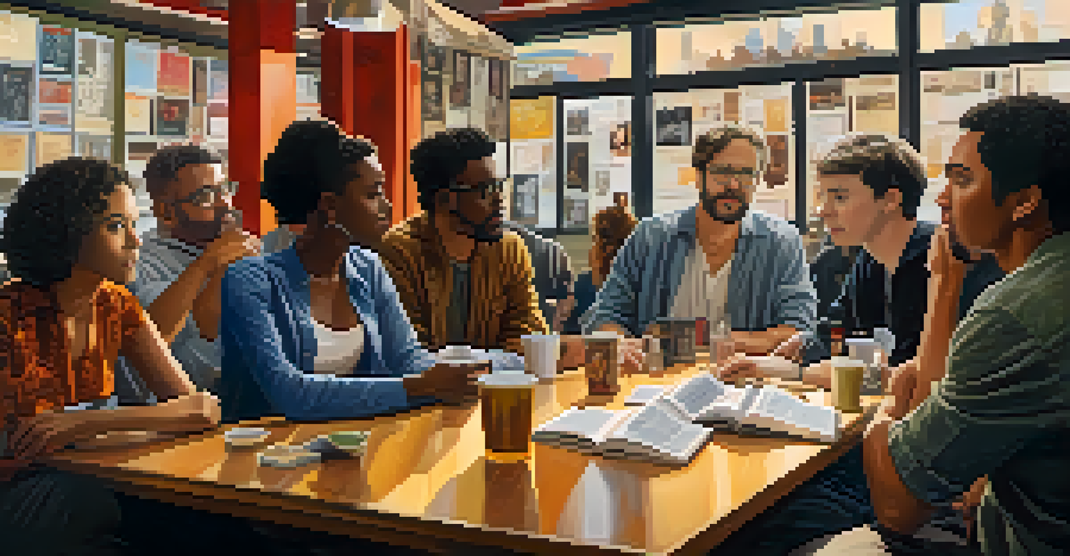 Diverse film critics gathered at a table in a café, engaged in discussion with laptops and notepads.