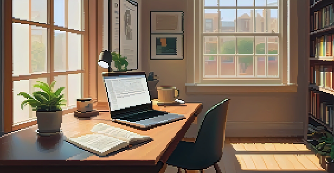 A warm and inviting home office space with a wooden desk, an open laptop, a cup of coffee, and plants, illuminated by gentle sunlight.