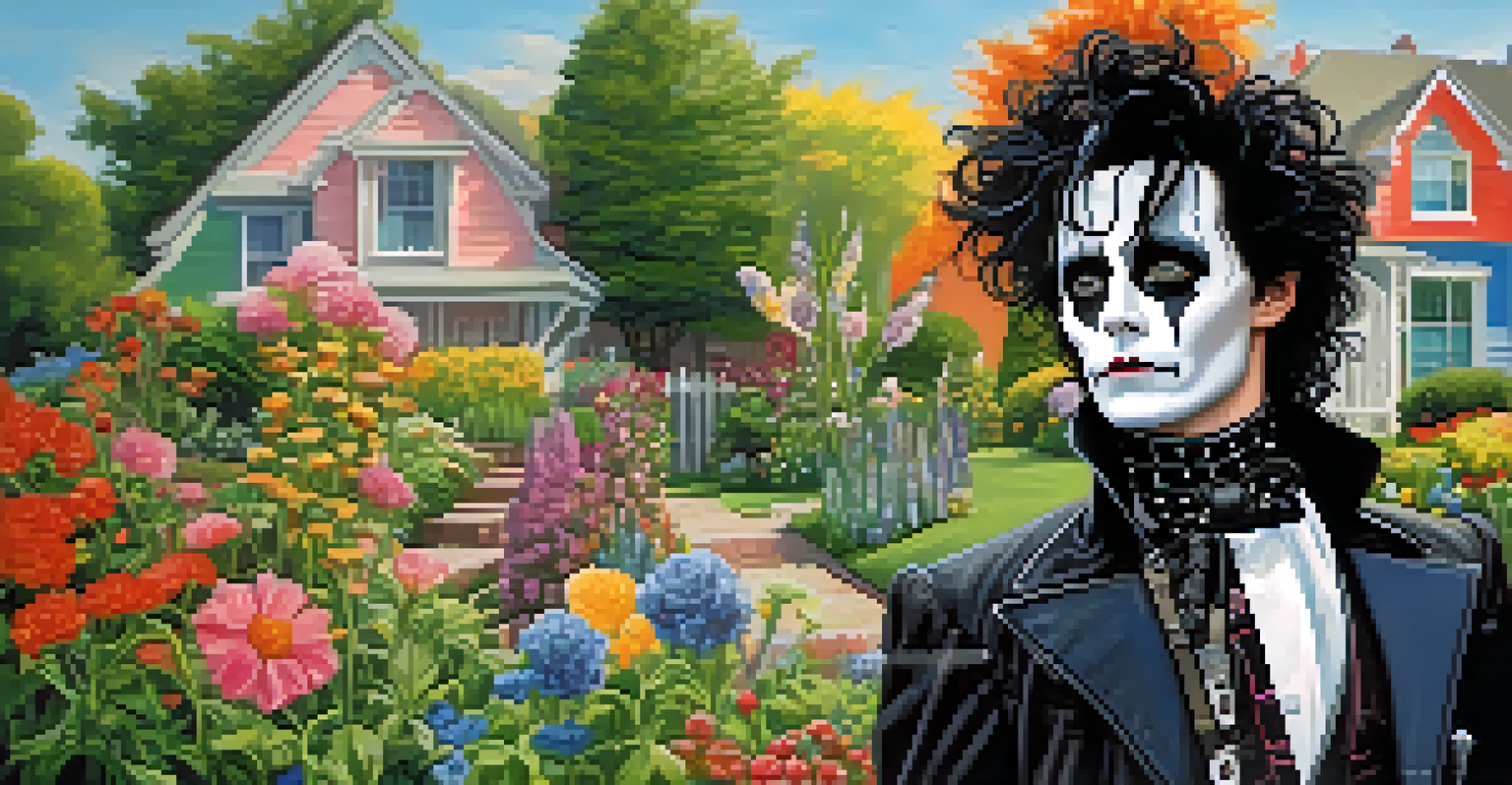 Edward Scissorhands in a colorful suburban garden, gently holding a flower with his scissor hands.