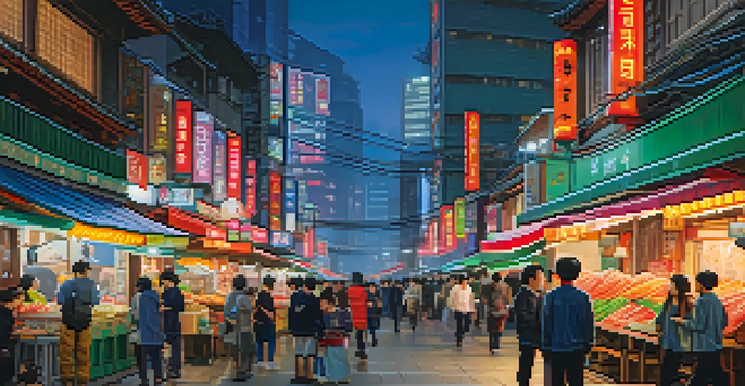 A busy street in Seoul at night, filled with colorful neon lights and a diverse crowd enjoying street food, with traditional and modern buildings in the background.
