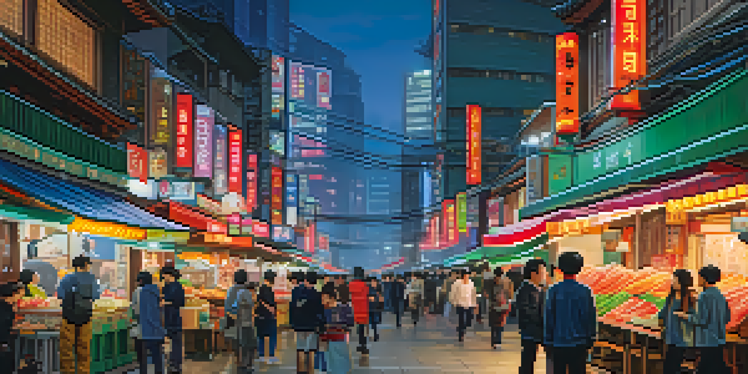 A busy street in Seoul at night, filled with colorful neon lights and a diverse crowd enjoying street food, with traditional and modern buildings in the background.