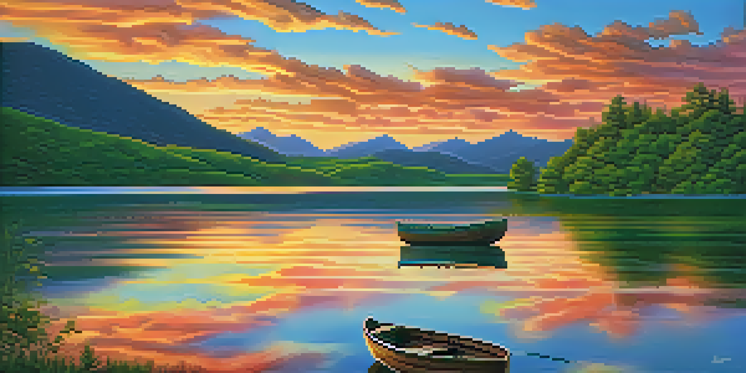 A peaceful lake scene with mountains and a colorful sunset reflected in the water, along with a small wooden boat.