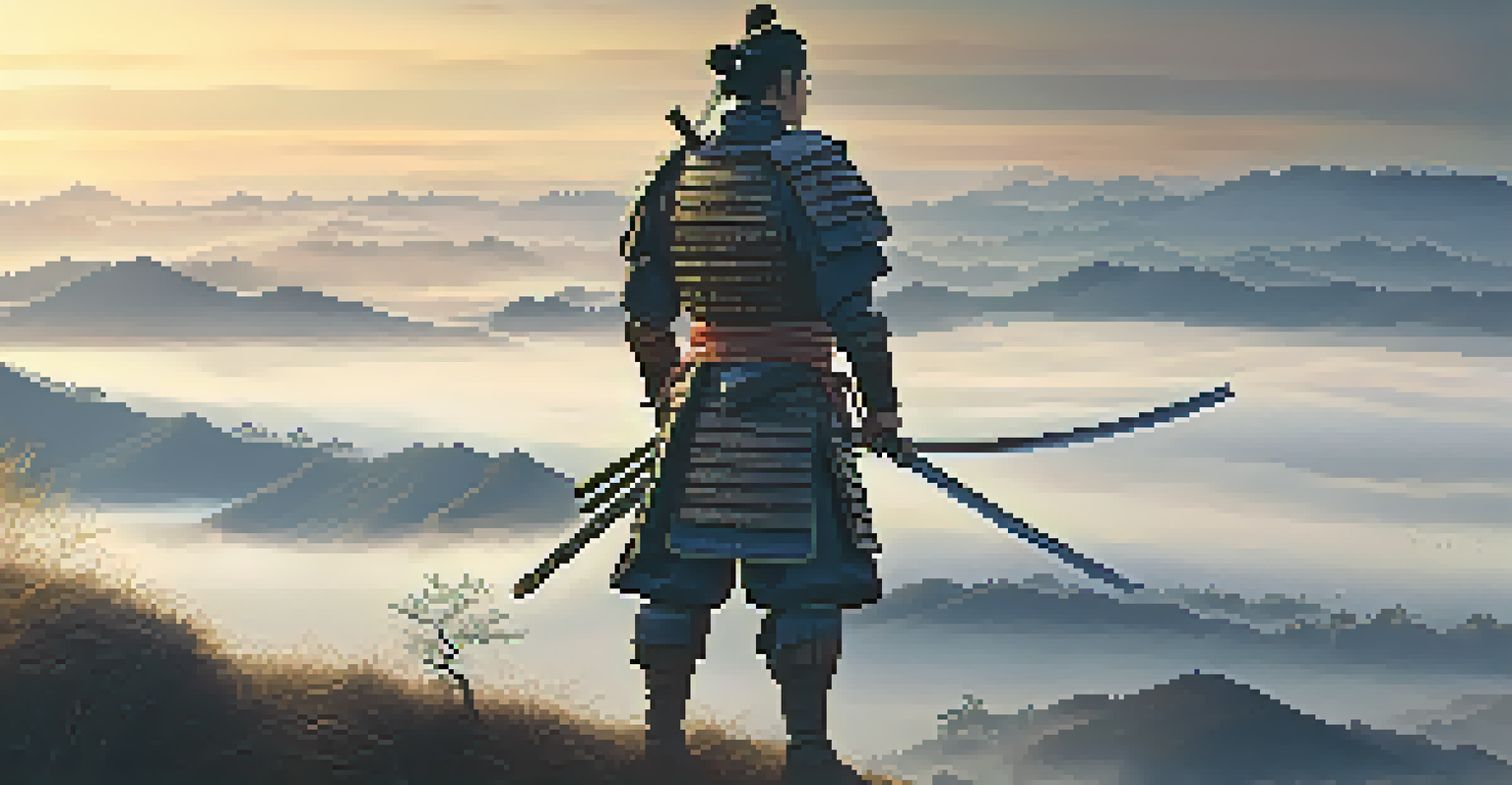 A samurai standing on a misty hilltop with a katana, overlooking a valley at dawn with golden sunlight.