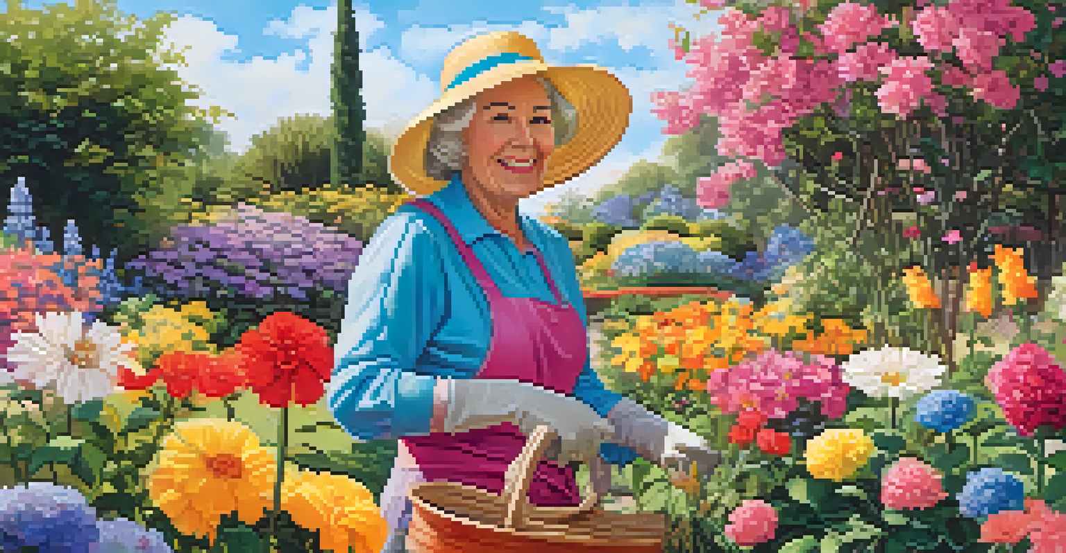 An older woman gardening in a colorful flower garden, smiling as she tends to the plants.